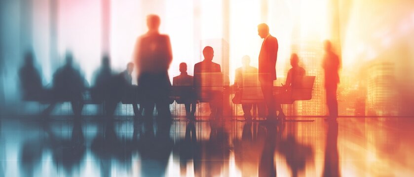 Business presentation with silhouettes of people in the conference room, blurred background with colorful gradient light effects. Abstract business concept with copy space. Exposure of two overlapping