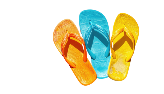 Three colorful flip-flops isolated on black background, top view - Powered by Adobe