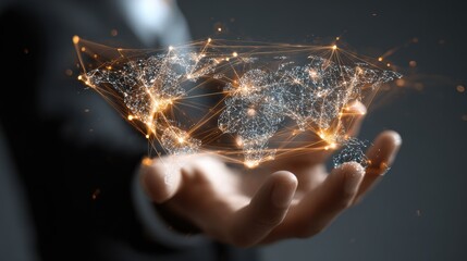 Digital technology, businessman holding Global network connection. Big data analytics and business intelligence. World map point and line composition of global business. innovation, generate by AI