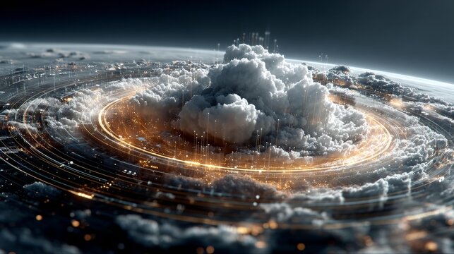 Dynamic digital network vortex with glowing data streams and swirling clouds over illuminated cityscape
