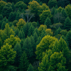 Obraz premium Dense foliage of deciduous trees in a forest landscape, foliage, trees, woodland