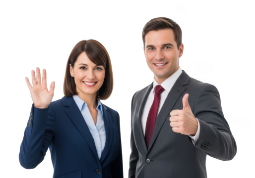 Professional business colleagues smiling and waving with a thumbs up gesture isolated on transparent background