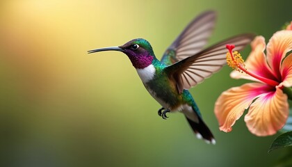 Fototapeta premium Tiny hummingbird hovers near bright hibiscus flower. Iridescent bird sips nectar from bloom with long beak. Delicate wings beat fast, creating blur. Lush green foliage background.