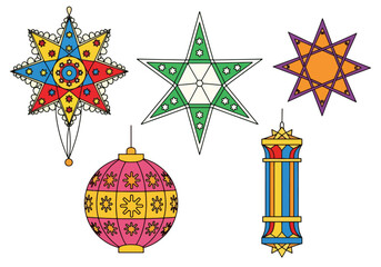 Colorful illustrations of various star and lantern-shaped decorative ornaments.