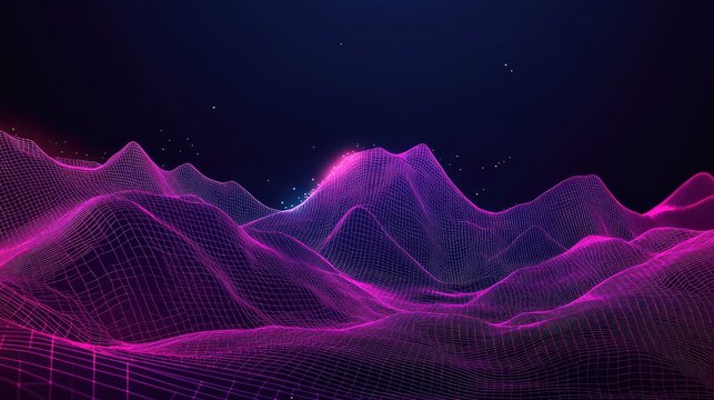 Digital landscape transforming neon wireframe grid terrain