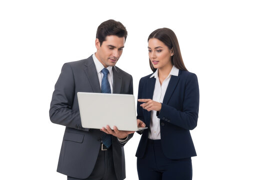 A professional man and woman in business attire collaborate intently while reviewing information on a laptop screen isolated on transparent background