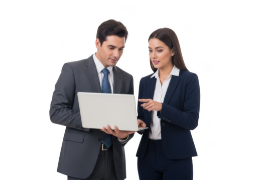 A professional man and woman in business attire collaborate intently while reviewing information on a laptop screen isolated on transparent background