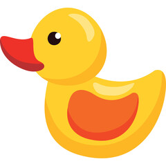 A bright yellow rubber duck toy with a red beak and black eye features a rounded body and tail with orange accents on a clean white background ideal for children's themes