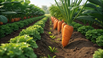perfect, large, freshly grown carrots visible in neat rows in rich dark soil in a healthy vegetable garden or farm field