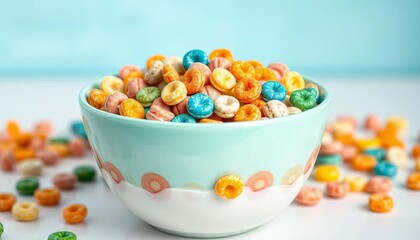 A colorful bowl brimming with breakfast cereal and milk, muesli, cereal flakes