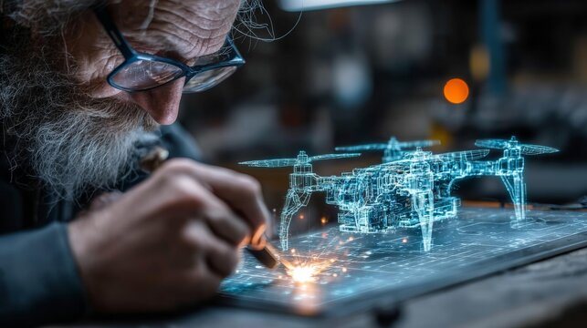 Visionary engineer crafting futuristic drone technology with holographic blueprint, sparks flying in modern workshop - Powered by Adobe