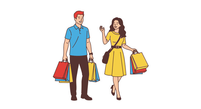 Couple shopping sale fashion retail therapy happy shoppers vector