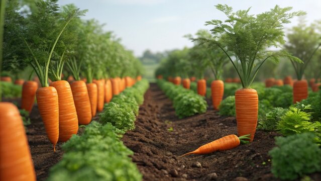 wide agricultural view showing perfect carrots and various vegetables growing in parallel rows on fertile soil in a farm setting