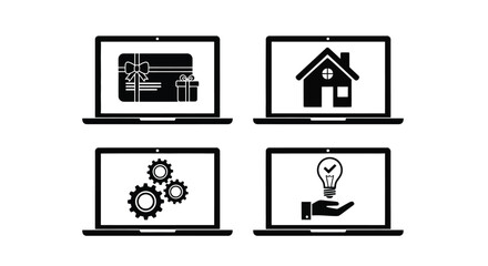 Laptops showing business concepts gift house gears and idea hand