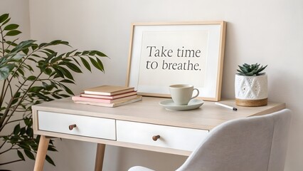 Minimalist desk with framed quote next to a cup of tea