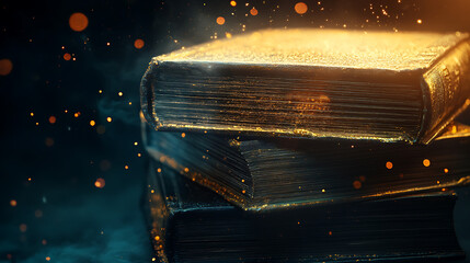 Stack of vintage metaphysical books glowing with golden light, mystical energy, dark background