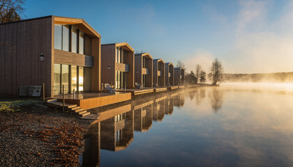 Fototapeta premium Sustainable Resort Architecture on Misty Lakeside at Sunrise