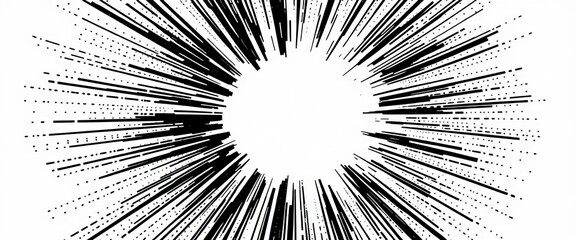 Naklejka premium Dynamic black and white halftone burst radiating outwards from center, design element, energy