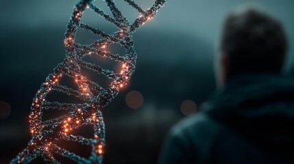 Explore human genome innovation with glowing DNA strand and person in background, showcasing cutting edge research and genetic breakthroughs