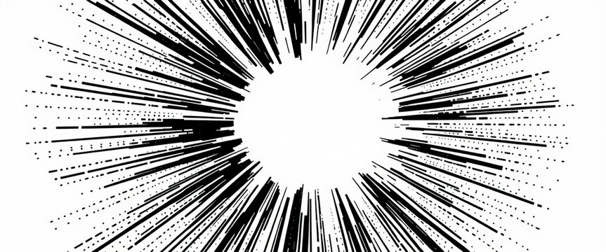 Dynamic black and white halftone burst radiating outwards from center,  design element,  energy