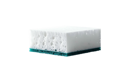 White sponge with blue base isolated against stark black backdrop