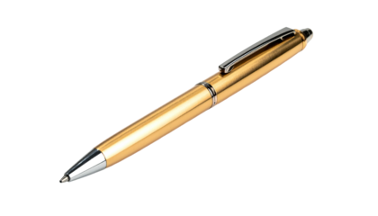 Shiny gold pen angled across dark background