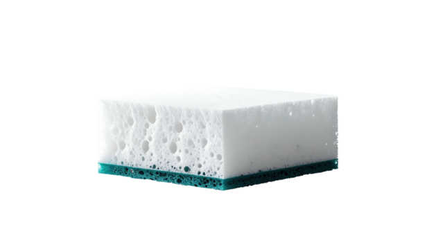 White sponge with blue base isolated against stark black backdrop