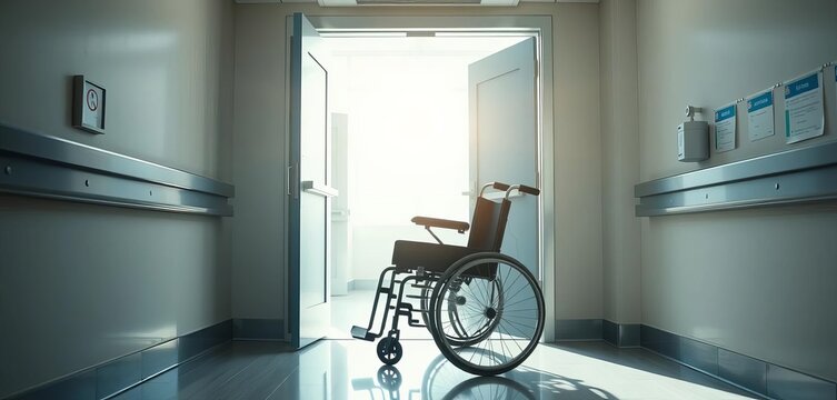 Hospital doors open to bright sunlight, revealing a wheelchair, discharge papers, doors