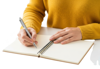 Close up of a person wearing a yellow sweater writing in a blank notebook with a metal pen isolated on transparent background
