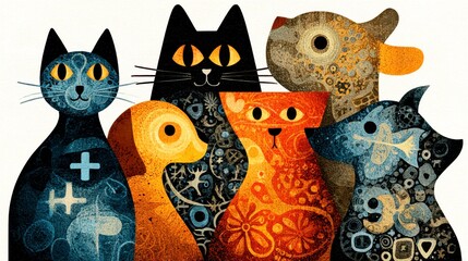 Abstract cat and dog illustration with textured patterns and warm colors, featuring six stylized animals with expressive eyes and intricate decorative details in playful composition