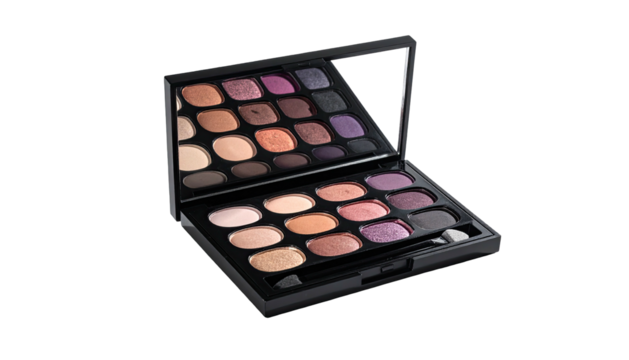 Eyeshadow palette with assorted colors, black case, open with mirror