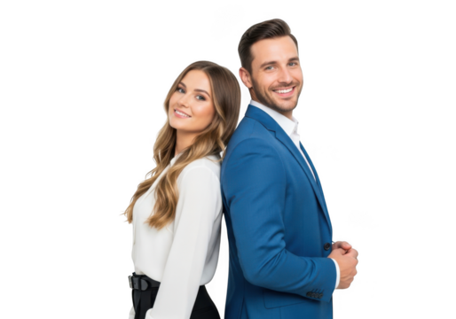 A smiling man in a blue suit and a woman in a white blouse standing back to back isolated on transparent background