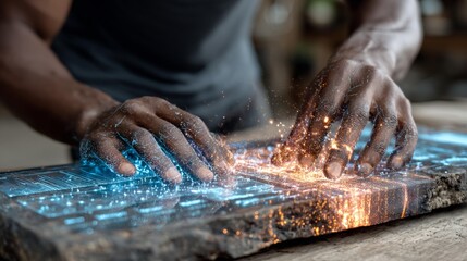 Futuristic technology concept with glowing interface controlled by human hands, representing innovation, connectivity and digital transformation for business