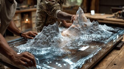 Tactical command using futuristic holographic display for strategic planning and real time data analysis, vital for security and defense operations