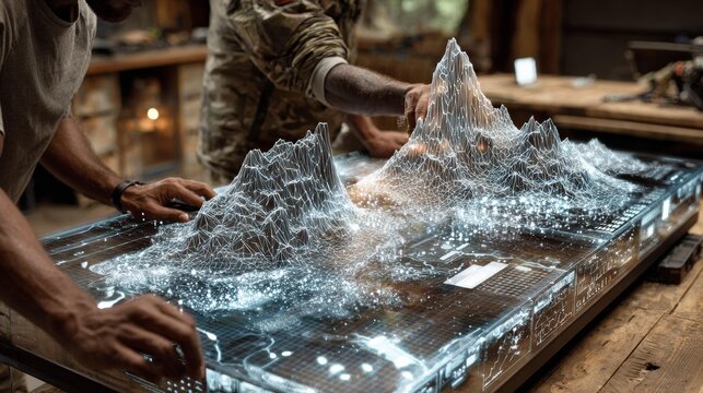 Tactical command using futuristic holographic display for strategic planning and real time data analysis, vital for security and defense operations