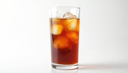 Glass with iced chai tea drink. Amber beverage with ice cubes is refreshing. Serve cold chai tea in tall tumbler for cool refreshment. Enjoy this hot drink.