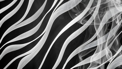 a striking black and white abstract image featuring swirling ribbon like forms creating a dynamic and visually captivating pattern across the entire frame