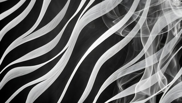a striking black and white abstract image featuring swirling ribbon like forms creating a dynamic and visually captivating pattern across the entire frame