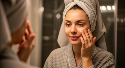 A beautiful woman with a towel on her head applies moisturizer to her face while looking in the mirror, performing her daily beauty and skincare routine