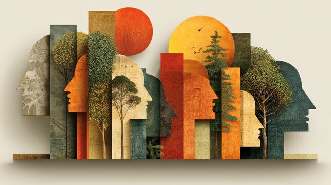 Human face silhouette collage with tree and sun elements, layered abstract art symbolizing nature, community, and cultural connection in warm earthy tones
