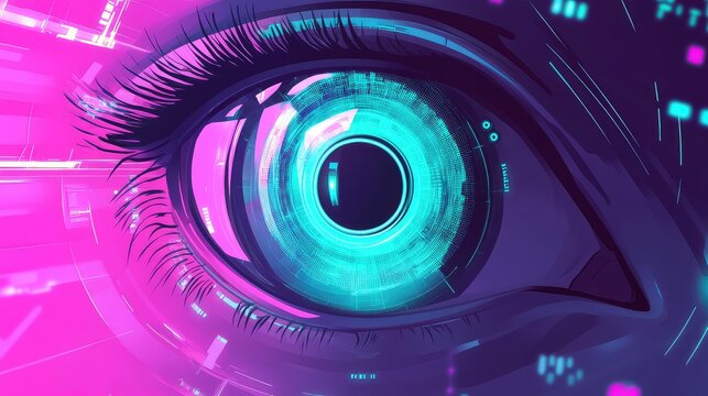 Cyberpunk bionic eye observing digital future technology