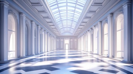Luminous neoclassical hallway with grand columns and skylight