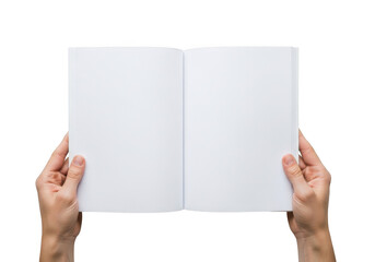 Two hands holding open a blank white booklet with empty pages ready for content creation isolated on transparent background