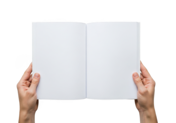 Two hands holding open a blank white booklet with empty pages ready for content creation isolated on transparent background