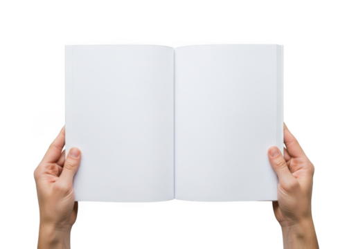 Two hands holding open a blank white booklet with empty pages ready for content creation isolated on transparent background
