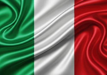 The italian flag, a striking vertical tricolor of green, white, and red, rendered in a silky, flowing fabric texture