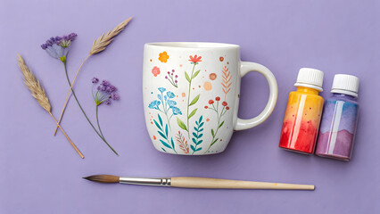 White ceramic mug with floral design paint bottles and brush