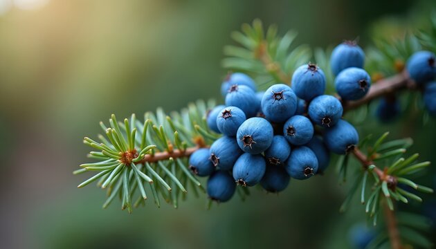 Eastern red cedar tree branch with ripe blue berries. Close-up view of evergreen foliage and small indigo fruits. Nature concept for botanical design.
