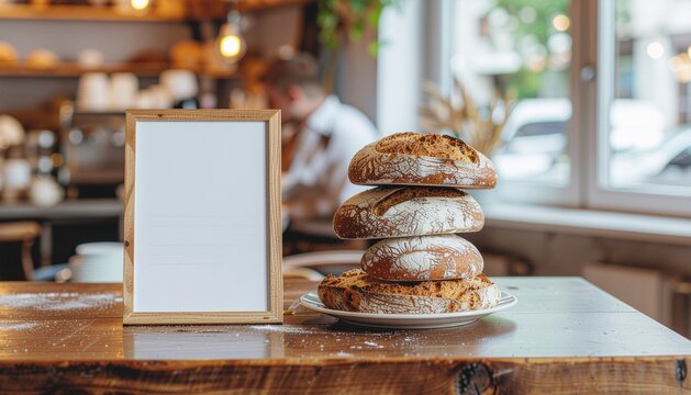 A rustic stack of artisanal sourdough bread placed on a plate to the right, accompanied by an empty wooden menu board on the left
