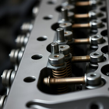 Close up shot of a metal engine cylinder head with valve springs and tappets in a detailed view